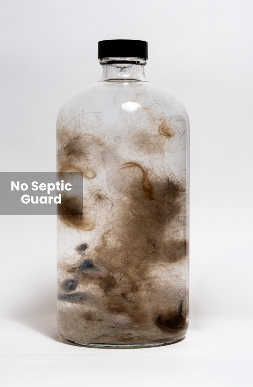 Jar full of hair, lint, and water unfiltered with no CLEANR Septic Guard Filter