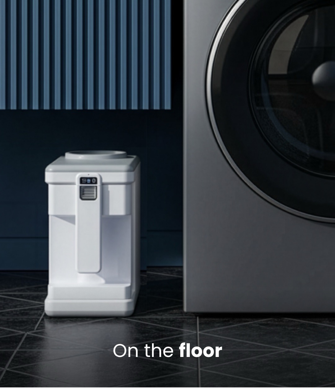 CLEANR's Septic Guard Filter installed on the floor next to the washing machine