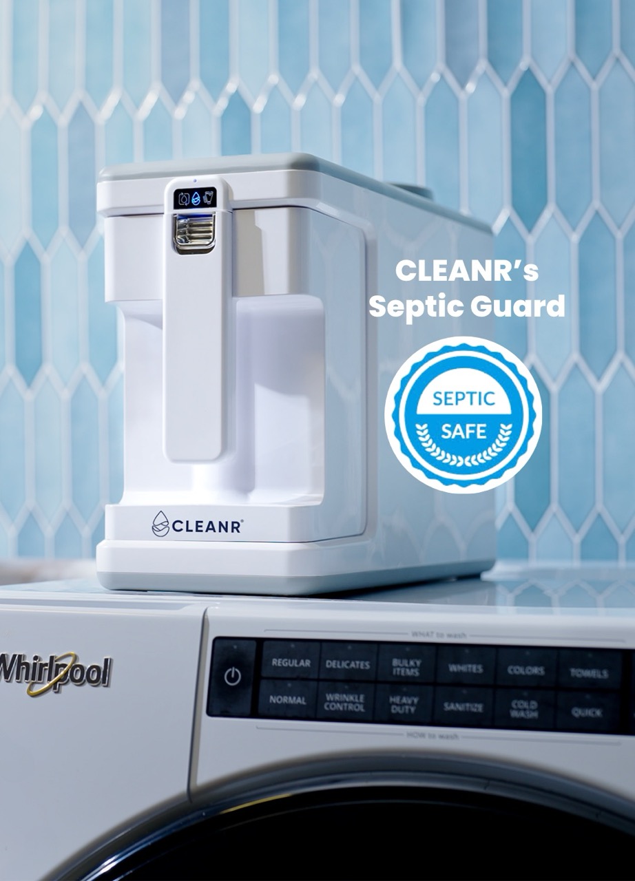 CLEANR's Septic Guard Filter for washing machines, attached to a washing machine